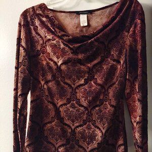 VTG Jonden Women's Brown Geomectric Cowl Neck Stretch Blouse